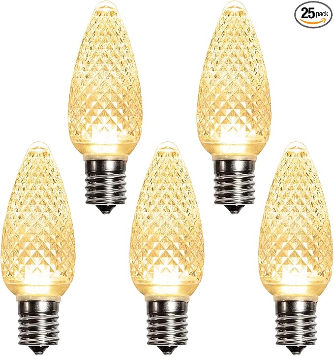 echosari 25 Pack C9 LED Replacement Christmas Light Bulbs for Outdoor String Lights, 0.8W UL Listed Commercial Grade Holiday Bulbs, C9/E17 Candelabra Base Sockets (Warm White)