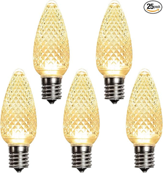 echosari 25 Pack C9 LED Replacement Christmas Light Bulbs for Outdoor String Lights, 0.8W UL Listed Commercial Grade Holiday Bulbs, C9/E17 Candelabra Base Sockets (Warm White)