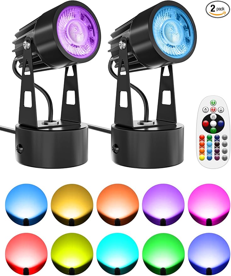 LED Spot Lights Indoor 3W RGB Accent Lighting Up Lights Indoor Spotlight Lamp for Plants 120V Uplighting Christmas Decor US 2-Plug 6 FT Cord with Floor Foot Switch (2 Pack with Base)