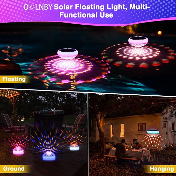 Solar Floating Pool Lights(2 PCS), USB Rechargeable 2600mAh Pool Lights with Remote, 6.69 Inch IP68 Waterproof RGB 6 Dynamic Modes Upper and Lower Glow Hangable Solar Floating Light for Garden