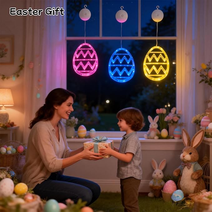 Easter Window Lights Decorations, 3 Pack Easter Hanging Window Decor Pink Yellow Blue Egg Lights with Suction Cup, Indoor Battery Operated Egg LED Holiday Lamp for Home Door Window (Pink Yellow Blue)