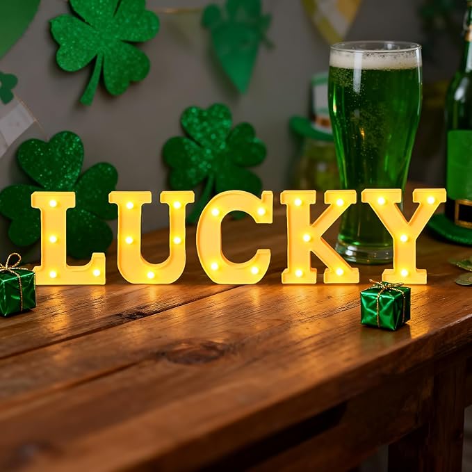 Honoson 5 Pcs St. Patrick's Day Party Decorations Lucky LED Letter Lights up Sign Irish Lucky Table Decoration for Indoor Home Shelf Patricks Day Holiday Party Suppliesn