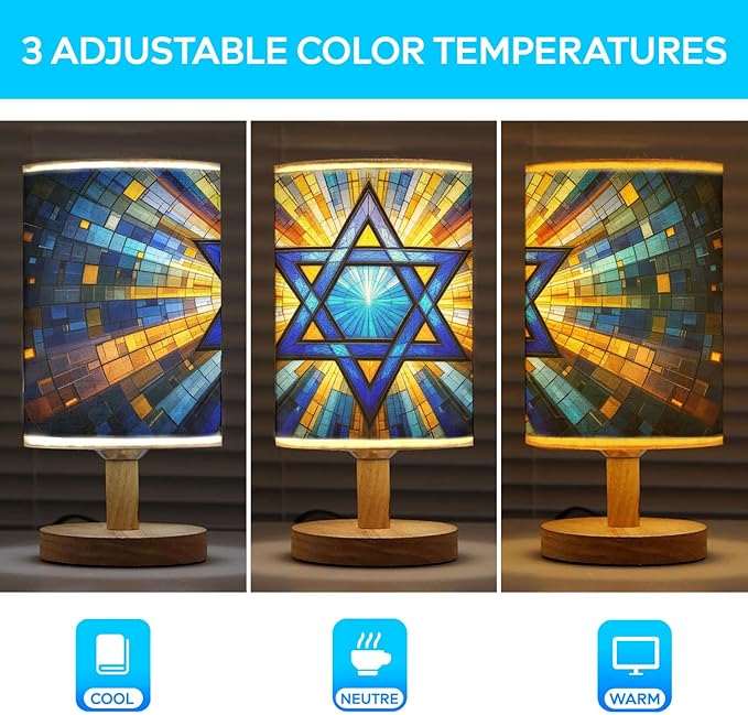 Star of David Table Lamp LED 3-Color Pressed Bedside, Star of David Shade Lamp with Wood Base for Bedroom Living Room Desk Office TL01