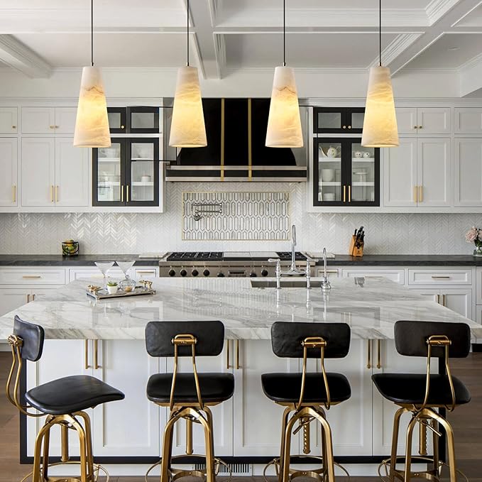 Alabaster Pendant Lights Kitchen Island,White Pendant Light Set of 2, Marble Shade Brass Cone Lighting Fixtures for Bedroom Bathroom Dining Room Living Room H-10in (Bulbs INCL)