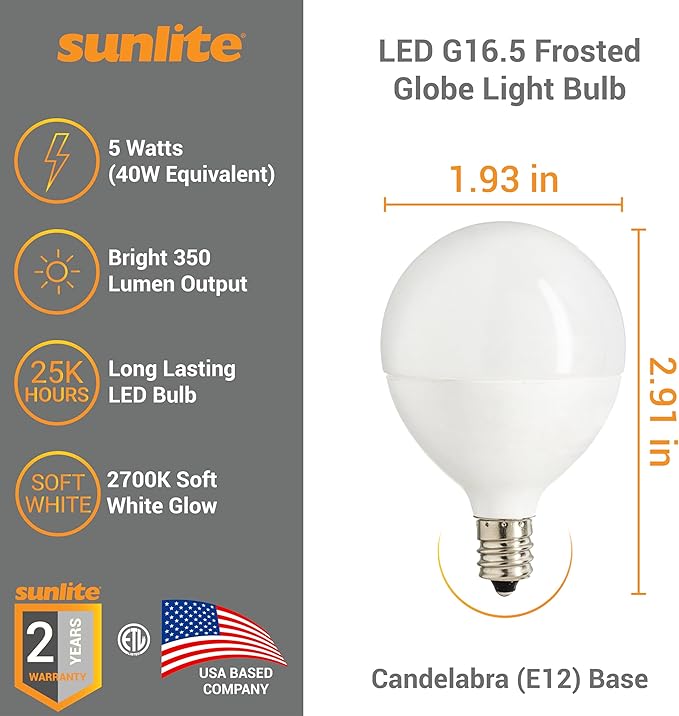Sunlite G16.5 Light Bulb LED, 5W (40W Equiv.), 350 Lumens, Dimmable, Type G Globe Shape E12 Candelabra Base, Short Bulbs, Vanity Mirror Bulbs, 2700K Soft White, Frosted, 6 Count