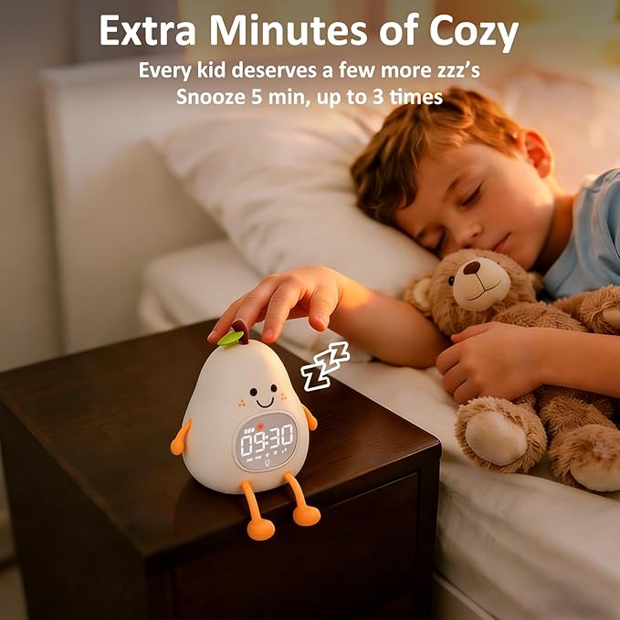 Pear Alarm Clock with Night Light for Kids with Sleep Training Light and White Noise, Rechargeable Silicone Lamp OK to Wake Clock，Cute Tabletop Clock, Perfect Sleep Companion for Boys Girls