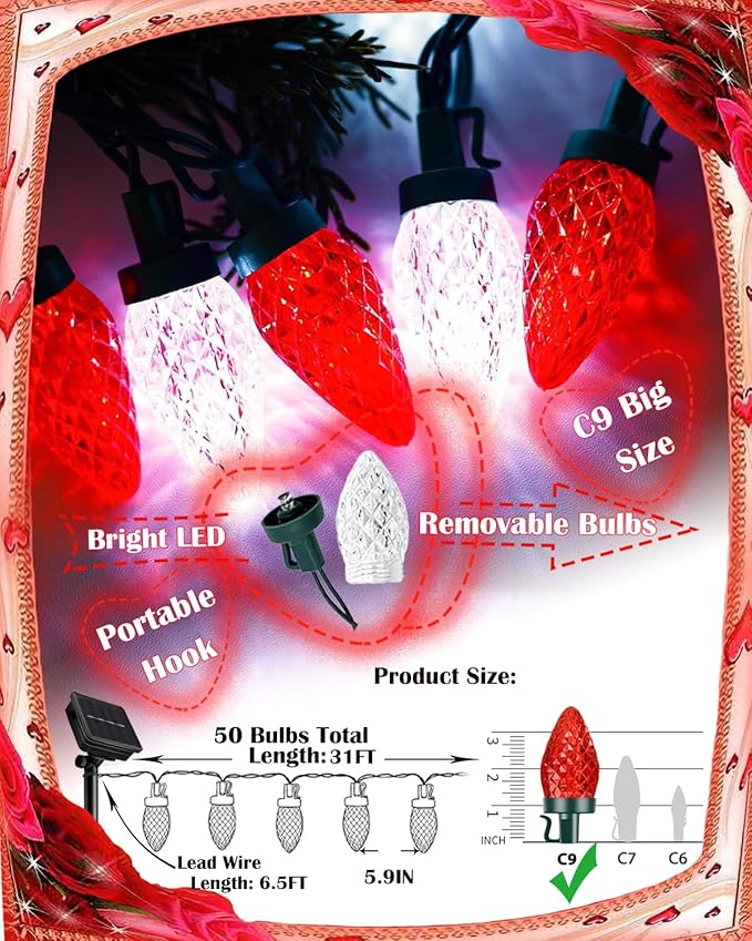 C9 Ultra Bright Solar Christmas Lights 50 LED Red White String Lights Strawberry Flower Design Outdoor Waterproof with 8 Modes for Valentine's Day Wedding Centerpiece Decoration