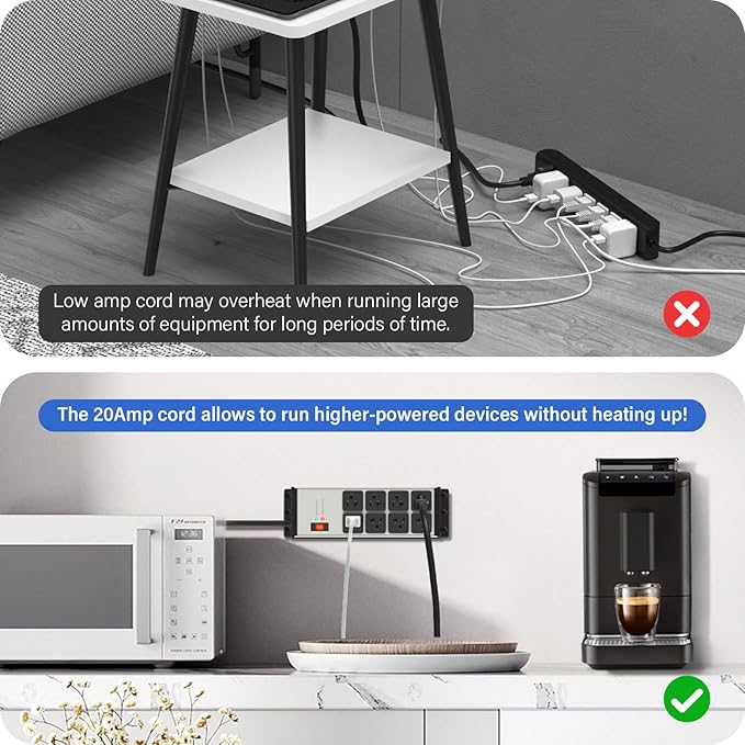 CCCEI Grey Heavy Duty Power Strip Surge Protector 20 AMP, 8 Outlets 12 Gauge Industrial Shop Garage Metal Multiple Outlets, 20 FT Extension Cord 5-15P Adapter High Amp 6-20R T-Slot 20a for Appliance