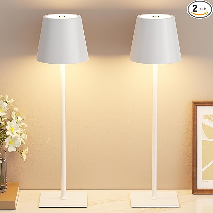 Kakanuo White Gold Cordless Rechargeable Table Lamp 5000mAh Battery Operated Lamps, 3 Colors Stepless Dimming Touch Lamp for Living Room, Kitchen Counter, Dining, Outdoor Patio, 2 Pack