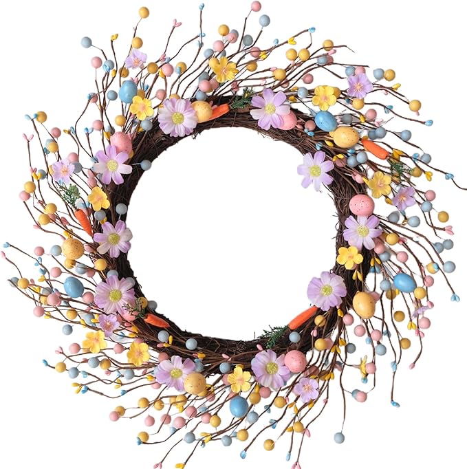 Idyllic 22 Inch Minimalist Fresh Easter Wreath with Easter Eggs Daisies and Carrot Decorations for Front Door Window Living Room Fireplace Easter Decor