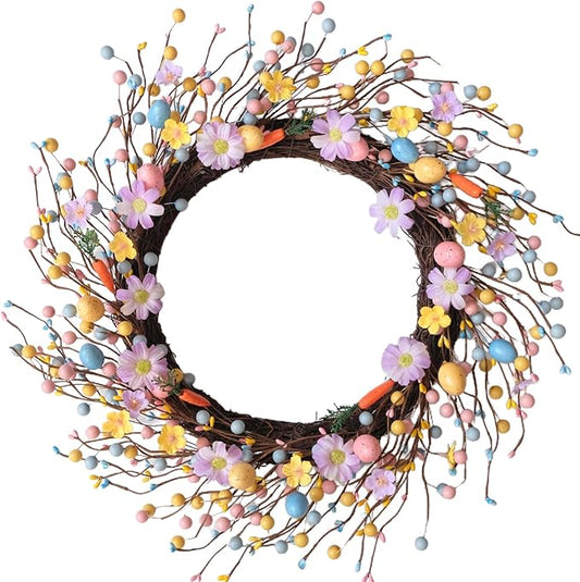 Idyllic 22 Inch Minimalist Fresh Easter Wreath with Easter Eggs Daisies and Carrot Decorations for Front Door Window Living Room Fireplace Easter Decor