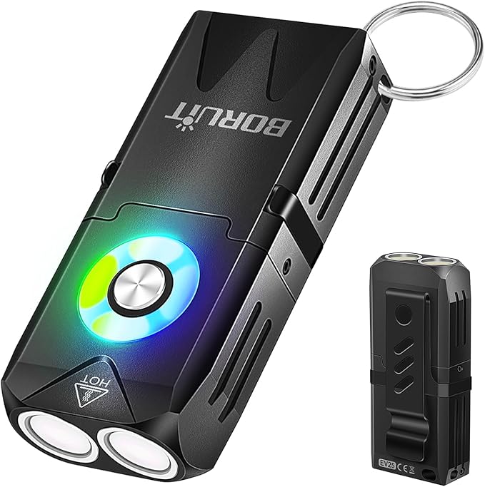BORUIT EV25 Mini Flashlight with Clip, Small Flashlights Powerful 650 Lumens Bright, USB C Rechargeable - EDC Keychain Flash Light with Magnetic, Red and Green Blue Lights for Home Camping Running
