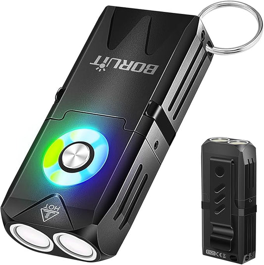 BORUIT EV25 Mini Flashlight with Clip, Small Flashlights Powerful 650 Lumens Bright, USB C Rechargeable - EDC Keychain Flash Light with Magnetic, Red and Green Blue Lights for Home Camping Running