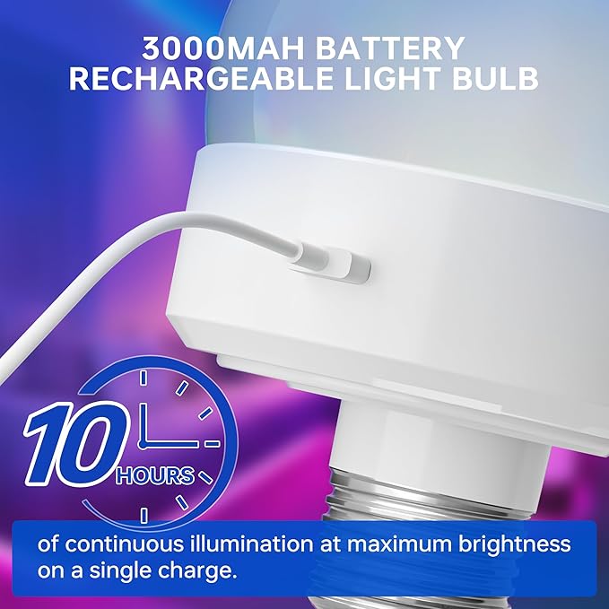 Rechargeable Battery Night Light Bulb: 3000mAh LED Bulb with Remote Control for Lamp, Wireless E26 USB Puck Light 400LM with Timer, 3 Color Temperature+12 RGB Color, Magnetic Camping Outdoor , 2pcs