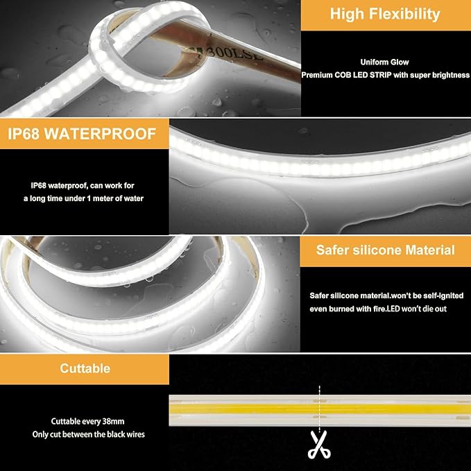 32.8ft COB LED Strip Lights Waterproof IP68, 6000K Daylight White Outdoor 24V Dimmable Silicone LED Tape Lighting High Density, 6000LM+, 3200LEDs Clips and Screws(Power Supply Not Included)