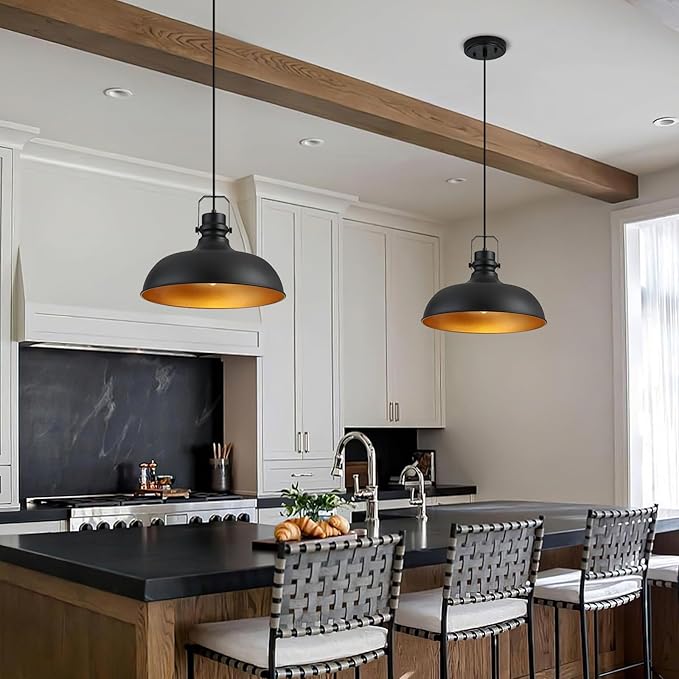 Black Farmhouse Pendant Lights 16 Inch Matte Pendant Lighting for Kitchen Island Industrial Adjustable Height Vintage Dome Hanging Light Fixtures for Barn, Dining Room 1 Pack