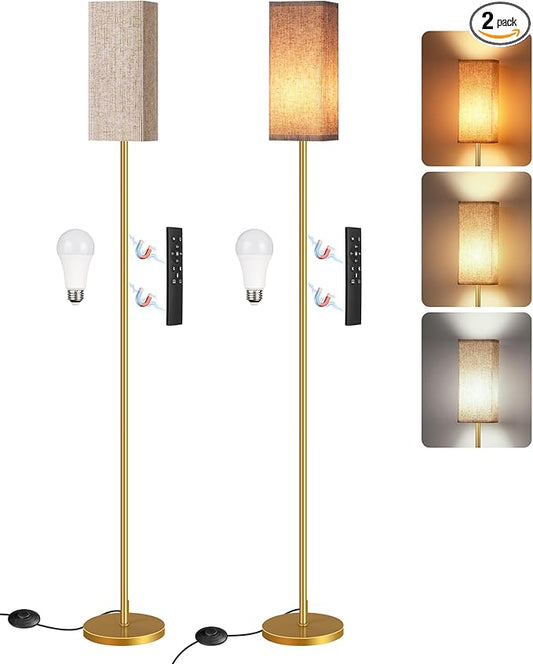 2Pack 64.2” Dimmable Floor Lamp for Living Room with Remote & Foot Switch, Corner Floor Lamp for Bedroom, Includes A19 Bulb, Modern Standing Tall Lamp, ETL Listed Beige and Gold DE17LDP205