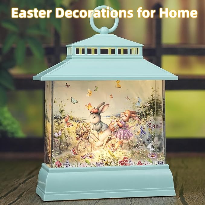 Easter Snow Globe Lantern Easter Decorations for The Home, Light up Easter Bunny Egg Decor with Timer, Glitter Spring Decorations Gift Holiday Table Top Decor