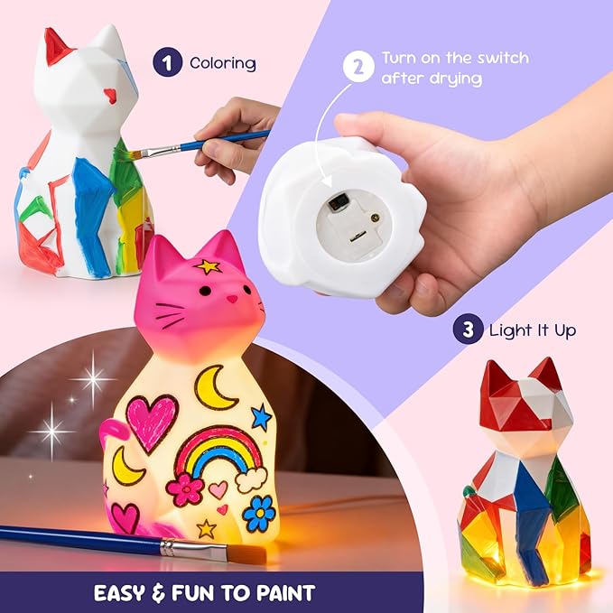 Paint Your Own Cat Lamp Kit, Arts & Crafts DIY Cat Crafts Night Light for Kids Ages 4-8,Art Supplies Party Favor Painting Kit,Christmas Birthday Gifts for Girls Boys Age 4 5 6 7 8 9 10 11 12