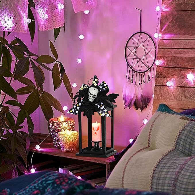 DECORKEY Halloween Decorations Indoor, 14.7" Decorative Candle Lantern with Skull Ornaments & LED Candle, Metal Hanging Spooky Halloween Lanterns for Outdoor Home Room Door Table Porch Party Decor