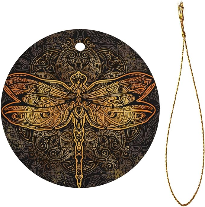 Exquisite Golden Dragonfly Mandala Christmas Ornaments, Christmas Decorations Xmas Tree Hanging Ornaments, Round Ceramic Festive Keepsake Gift for Christmas Decorations Holiday Home Party Decors