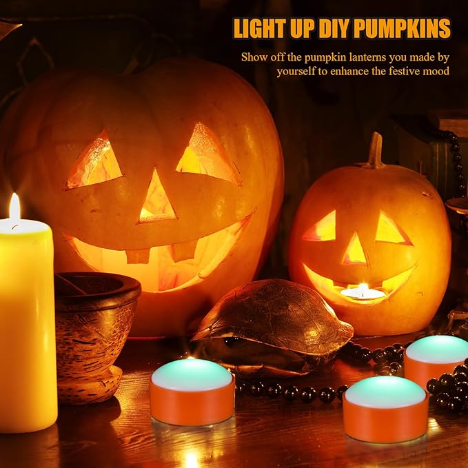 Riakrum 6 Pieces Remote Timer LED Lights with Remote LED Pumpkin Lights Battery Operated Lantern Bright Flameless Candle(Orang, Green Light)