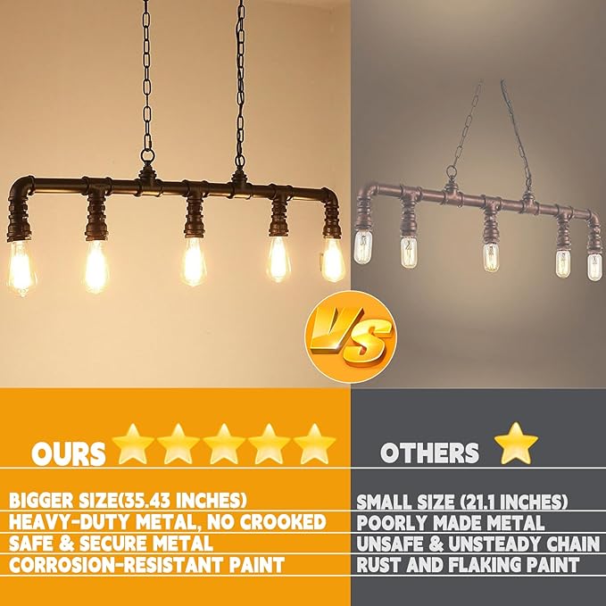 LightInTheBox Rustic Industrial Tube Pipe Chandeliers, Steampunk Pendant Light Fixture 5-Light Edison Farmhouse Ceiling Lamp for Dining Room Living Room Bar