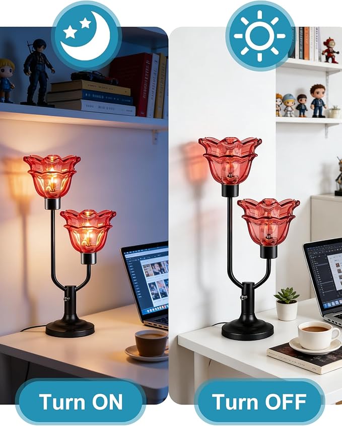 Lightdot Mid Century Modern Flower Table Lamp Black Dimmable U-Shaped Deep Red Glass Desk Lamps with 2Pcs 3000K Warmwhite Bulbs Included Bedside Nightstand Lamp for Living Room Bedroom