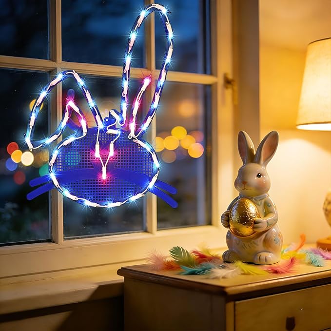 17" 40LED Lighted Blue Bunny Easter Decor, Gentle Warm Glow for Mantel, 120V Plug-in, UL Certified, Delicate Gift Box Packed