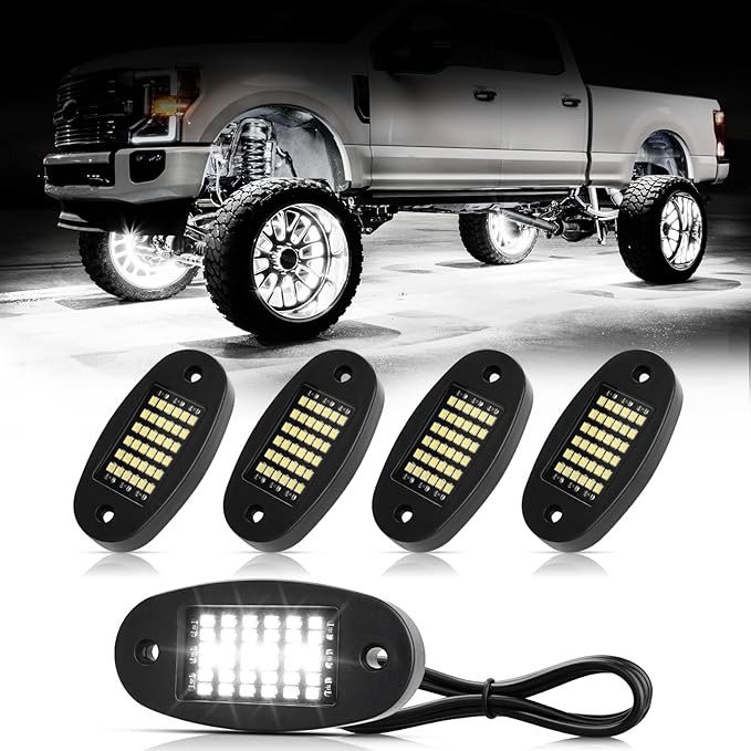 4 Pods White Rock Lights 6000K Pure White 36 LEDs SMD Chips Super Bright Neon Underglow Light IP68 Waterproof for Pickup Trucks SUV UTV ATV RZR Car Boats (White)