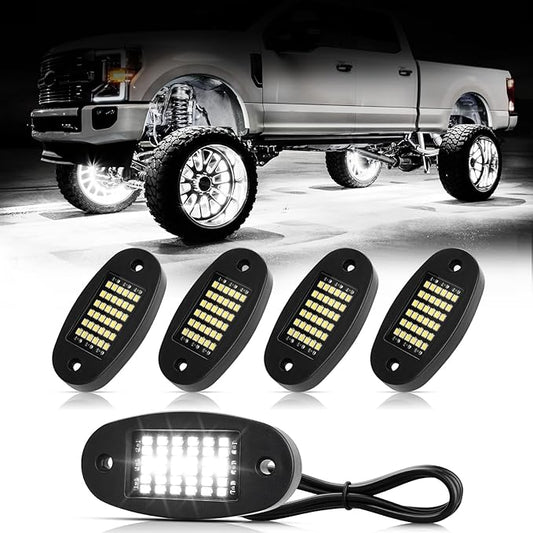 4 Pods White Rock Lights 6000K Pure White 36 LEDs SMD Chips Super Bright Neon Underglow Light IP68 Waterproof for Pickup Trucks SUV UTV ATV RZR Car Boats (White)