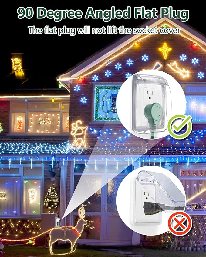Flat Extension Cord Splitter 1 to 4, 90 Degree Plug Adapter 14AWG SJTW 15A 1875W, 4 Way Outlet Plug Splitter 3 Prong, Outdoor Plug Splitter 2.3ft Heavy Duty Cable for Indoor or Outdoor use, Green.