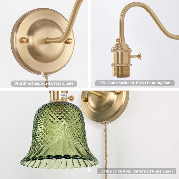 Plug in Wall Sconce Set of 2, Gold Vintage Wall Decor Lights with Green Diamond Flower Glass Shade, Indoor Brass Corded Wall Lamp Fixture for Bedroom Living Room Bathroom Hallway