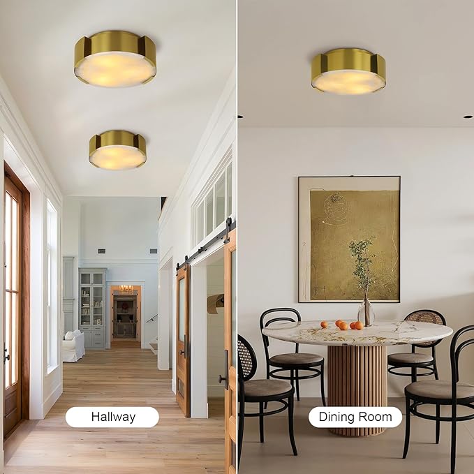 Modern Alabaster Ceiling Light,14.17in Gold Round Alabaster Flush Mount Ceiling Lights,Hardwired Natural Marble Kitchen Lighting Fixtures Ceiling for Bedroom,Dining,Living Room,Foyer,E12 Bulb Included