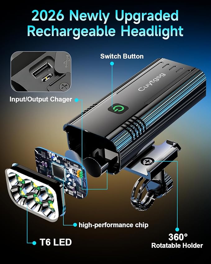 2026 Lumen Bike Lights,Super Bright 6 LED Rechargeable Bicycle Light,10 Mode Headlight Taillight,360°Rotatable Brackt,Aluminum Waterproof Light,Runtime 48+ hrs,Shockproof for Road,Mountain