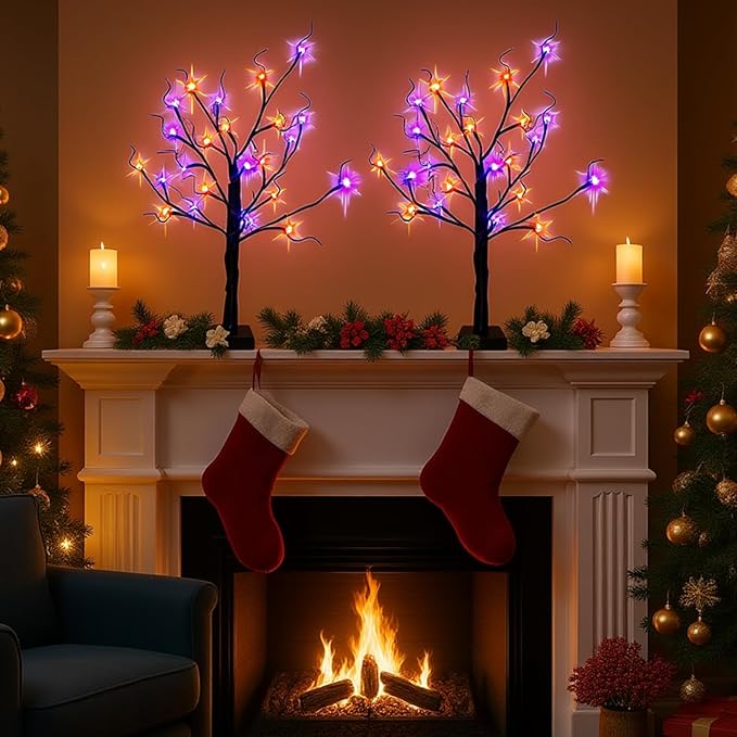 2-Pack Lighted Halloween Christmas Fall Tree Decorations Indoor, 2ft Black Birch Tree with LED Lights, Small Tabletop Christmas tree with lights, Warm White Battery- Powered Fairy Light Spirit
