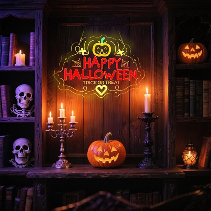 Halloween Neon Sign, Pumpkin Shape with 'HAPPY HALLOWEEN' Lettering, LED Party Decoration for Indoor Home/Bar/Haunted House