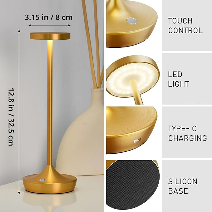 Rechargeable Table Lamp Cordless - 6000mAh Battery Operated LED Table Light - Portable Touch Dimmable Outdoor Waterproof Table Lamps for Patio Restaurant Dining (Gold)
