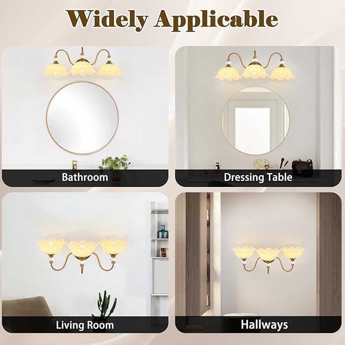 Vintage Bathroom Vanity Light, 3-Light Matte Brass Finish Vanity Light with Floral Yellow Glass Shades, Retro Wall Sconce for Bathroom, Dressing Table