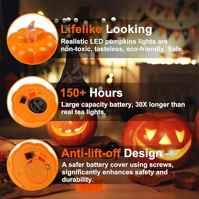CESOF Pumpkin Tea Lights Decorations Fall Decor, 24 Pack LED Orange Pumpkin Lights Flameless Candles Battery Operated, Halloween Thanksgiving Flickering Tealight Candle for Home Table Indoor Party