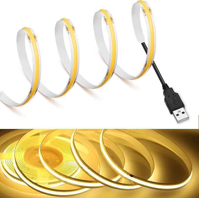 MDee】COB LED Strip Lights 3000K Warm White 6.56ft/2m USB Powered 5V Flexible LED Tape Lights with USB Connector CRI 90+ 800LM/m 320LEDs/m for Indoor and Outdoor Décor（3000K Warm White6.56ft/2m）