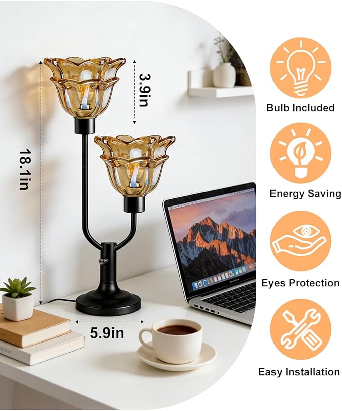 Lightdot Mid Century Modern Flower Table Lamp Black Dimmable U-Shaped Brown Glass Desk Lamps with 2Pcs 3000K Warmwhite Bulbs Included Bedside Nightstand Lamp for Living Room Bedroom