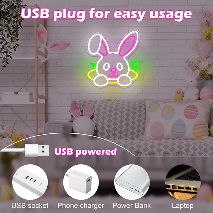 Easter Neon Sign Rabbit Hole LED Sign for Home Office Shop Dimmable Bunny Window Light Decorations Happy Easter Decor Light Up Bunny Sign for Bedroom Wall Hole Light Sign for Kids Room
