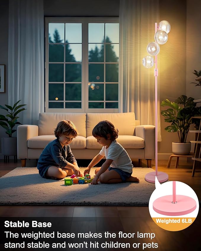 Lightdot 64IN Dimmable Floor Lamp with Globe Clear Glass Shade, Modern Pink Standing Lamps with 4PCS 3000K Bulbs Included, Mid Century Floor Lamp for Living Room Bedroom//Sofa Beside/Corner Decor