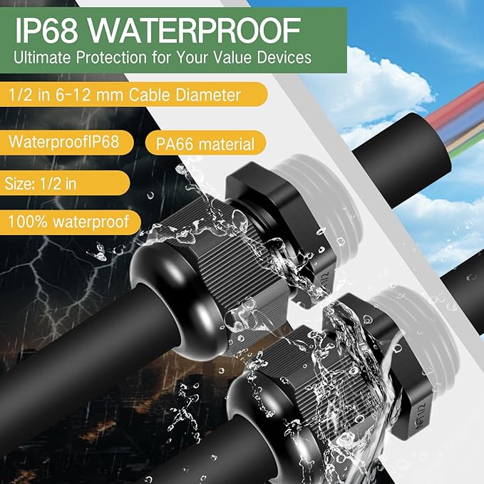 50 Pcs 1/2" NPT Black Nylon Cable Gland, Waterproof IP68 Adjustable Locknut Cable Diameter Waterproof Connectors Black Cord Grip
