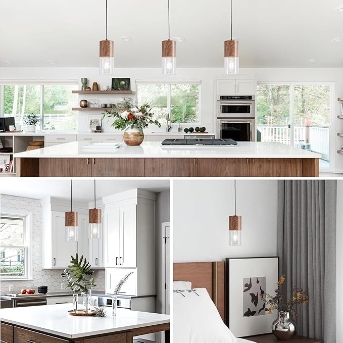 Modern Pendant Lights for Kitchen Island, Adjustable Pendant Light Fixtures with Brown Wood Grain, Industrial Clear Glass Pendant Lights for Dining Table Hallway Bedroom Living Room,1 Pack