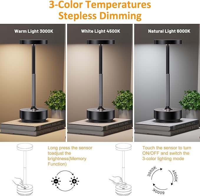 SAKRINGT Rechargeable Cordless Table Lamp - Battery Operated LED Portable Table Light with 3 Color Stepless Dimming, Memory Function - IP54 Waterproof for Outdoor, Restaurant, Patio, Camping