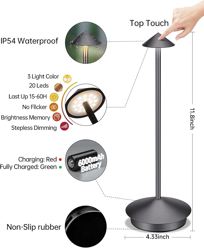 Portable Led Cordless Lamp Table Light 2 Pack, Rechargeable 6000mAh Battery Outdoor Table Lamp for Dinning Restaurant Patio Bedroom Camping, IP54 Waterproof, Dimmable