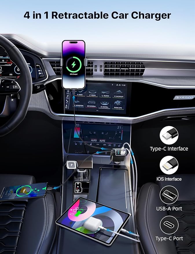 Starlight Retractable Car Charger with Retractable Cables, Starlight in Car Roof 4 in 1 Super Fast USB C Car Phone Charger, 2 USB Ports Starry Sky Adapter, Compatible with iPhone 17 16 15 14, Galaxy