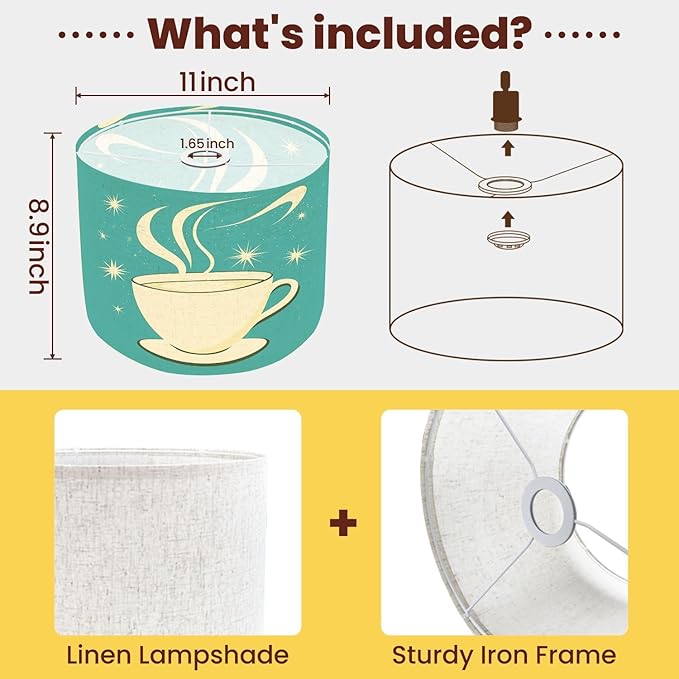 Drum Lamp Shade Mid Century Modern Retro Coffee Cup Cafe Sign Art Scandinavian Design Lampshade for Floor Lamps Table Lamps Pendant Light 8.9"x11" Linen Lampshades Replacement Large Lamp Shade